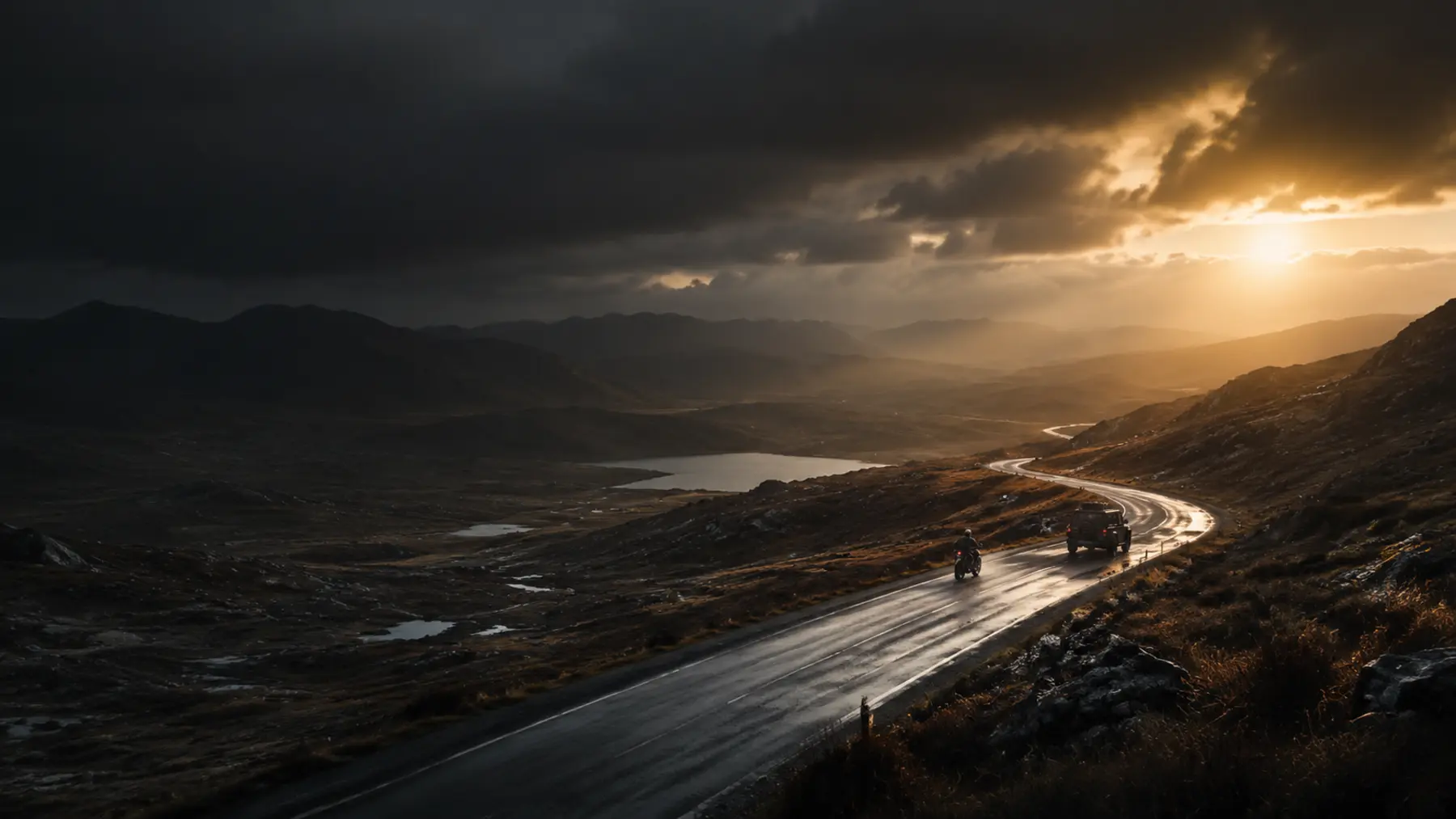 A motorcycle and overland vehicle travelling on a remote highland road at sunrise