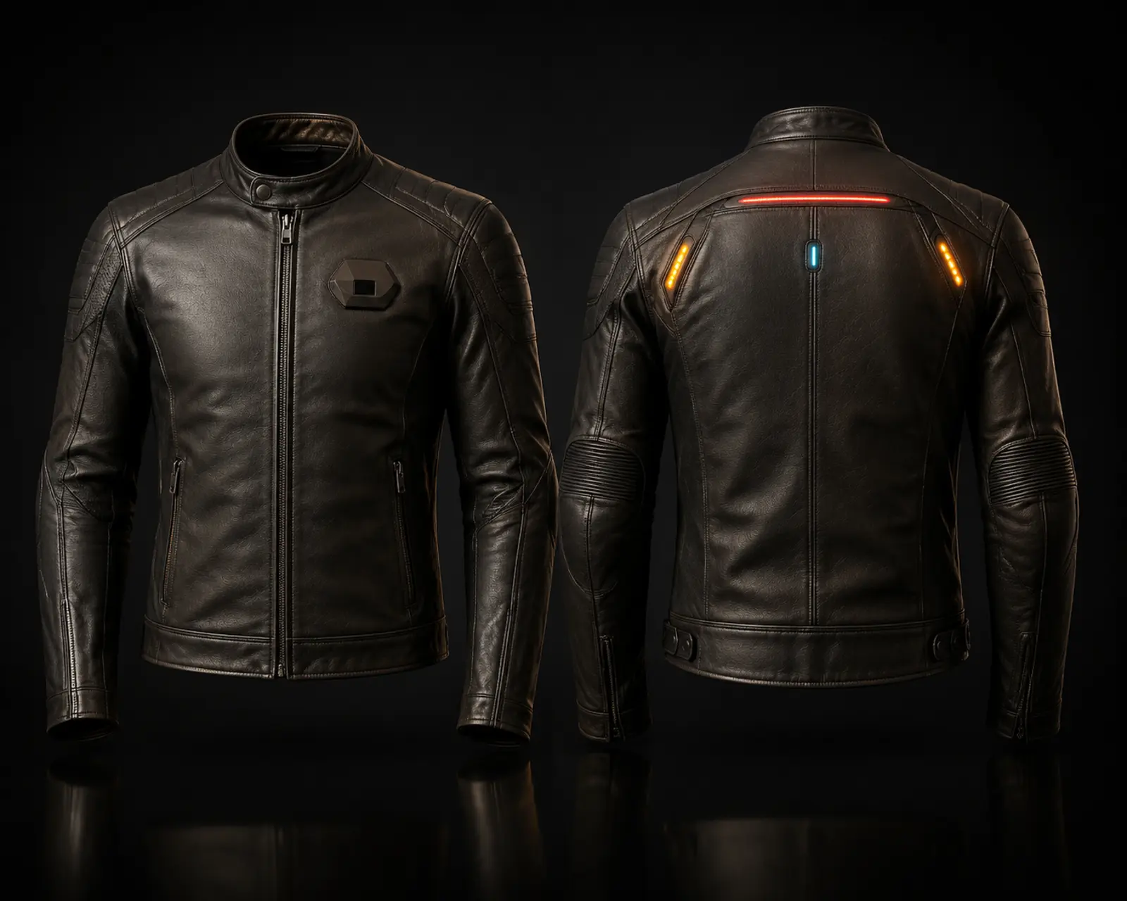 Front and rear product visualisation of the UP!GRADE smart motorcycle jacket